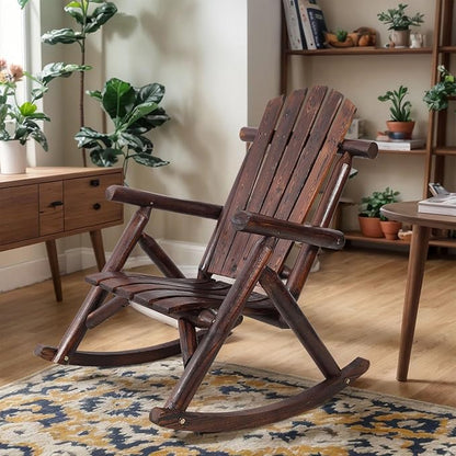 Wooden Rocking Chair Outdoor, Ergonomic High Back Patio Rocking Chairs, Porch Rocker for Backyard/Lawn/Patio/Garden/Balcony/FirePit/Indoor (Brown)