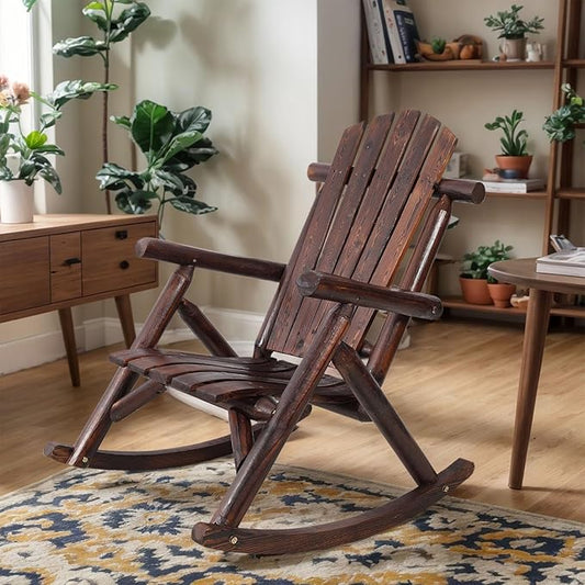 Wooden Rocking Chair Outdoor, Ergonomic High Back Patio Rocking Chairs, Porch Rocker for Backyard/Lawn/Patio/Garden/Balcony/FirePit/Indoor (Brown)