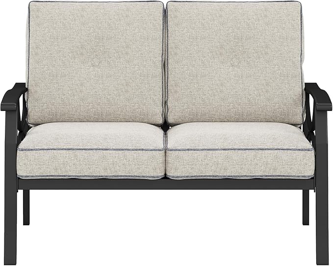 RoyalCraft Patio Loveseat, All-Weather Outdoor 2 Seats Sofa Couch, Black Metal Furniture with Gray Cushions - Photo 8