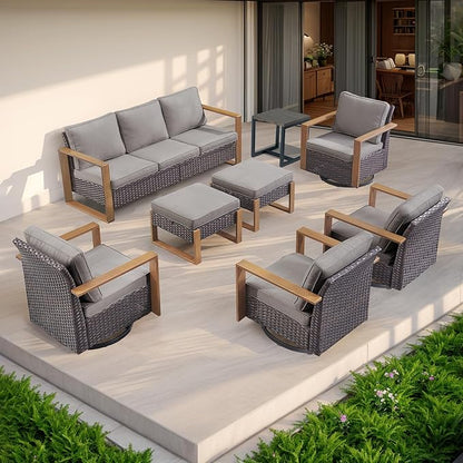 Rilyson Outdoor Couch Wicker Patio Sofa, Rattan Patio Furniture Sofa with Sturdy Frame,All-Weather PE Wicker,Wide Armrest,Deep Seating and Thick Cushions for Deck Porch Garden(Brown/Grey)