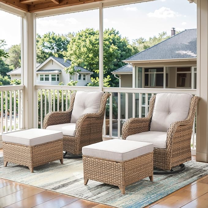 Belord Outdoor Swivel Chairs Set of 2, Patio Wicker Rocker Chairs with Ottomans - Photo 1