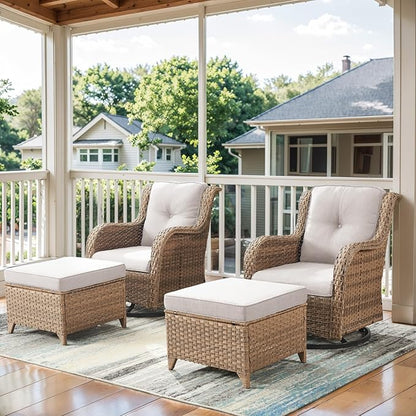 Belord Outdoor Swivel Chairs Set of 2,Patio Wicker Rocker Chairs with Ottomans, All Weather Patio Conversation Furniture Set, Ideal for Porch Balcony Deck Yard, Yellow Wicker/Beige