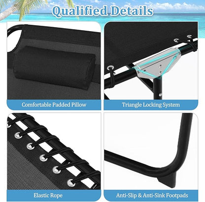 GYMAX Lounge Chairs for Outside, Extra High Folding Beach Tanning Lounger with 4-Level Adjustable Backrest, 2-Level Footrest & Removable Pillow, Sunbathing Lounge for Patio, Lawn, Poolside (2, Black)