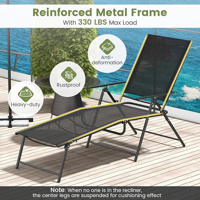 Giantex Lounge Chair Outdoor Set of 2 - Tanning Chair with 6 Adjustable Backrest, 2-Level Footrest - Photo 9