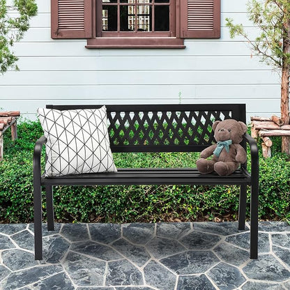 Outvita Outdoor Bench, 47" Metal Garden Bench Patio Park Furniture with Plastic Backrest Powder-Coated Chair Yard Entryway Deck Porch Black