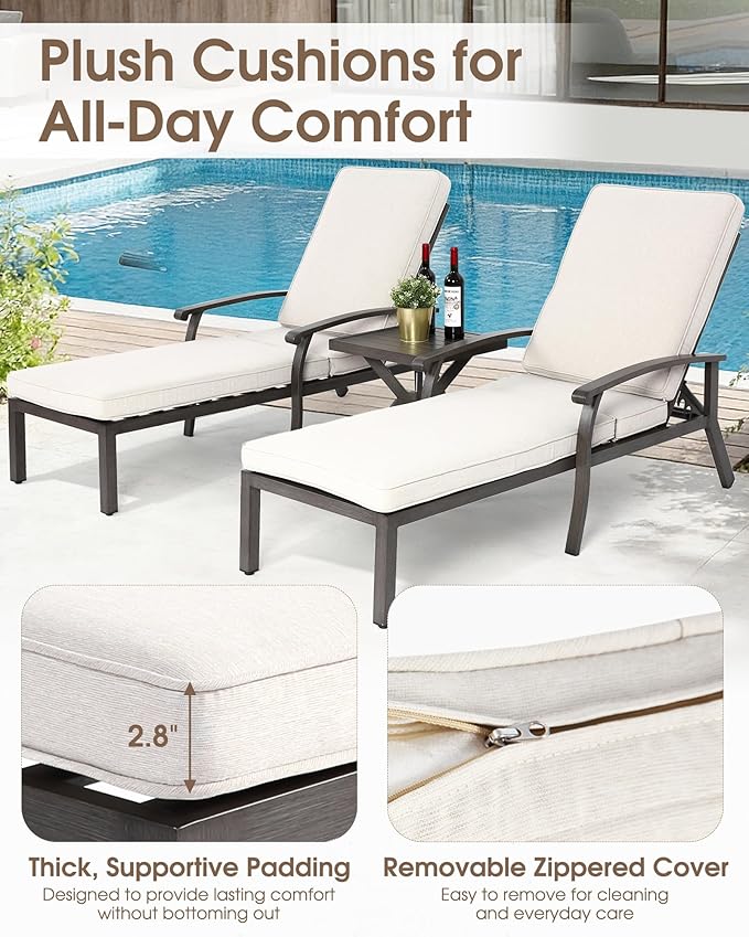 HOMEFUN Outdoor Chaise Lounge Chair 3-Piece Set, Hand-Brushed Wood Grain Cast Aluminum Recliners with Side Table - Photo 6