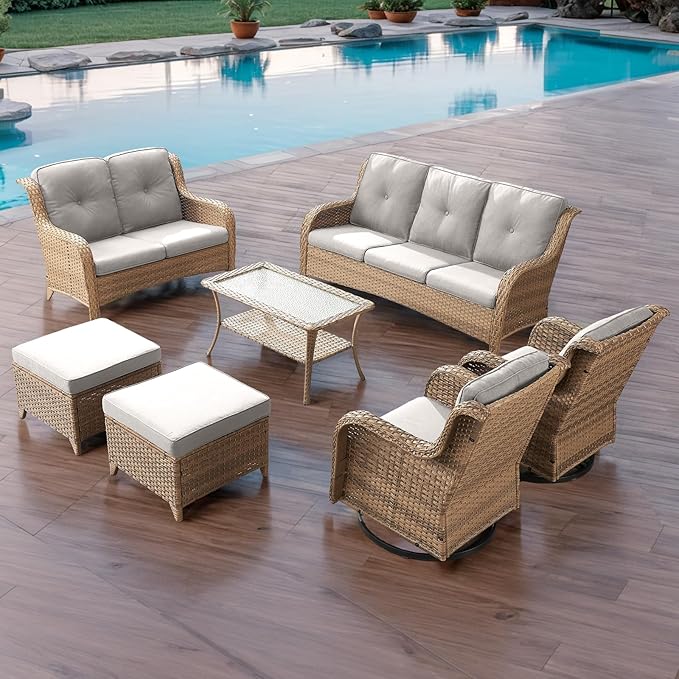 Rilyson Patio Furniture Swivel Chairs Set - 7 PC Wicker Rattan Outdoor Sectional Conversation Sets with 2 Rocking Chair - Photo 9