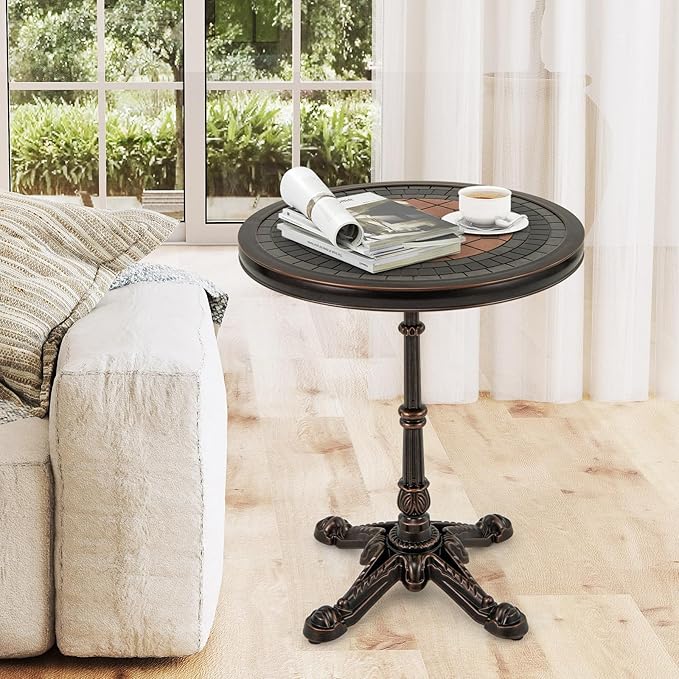 HAPPYGRILL 24” Patio Side Table, Outdoor Cast Aluminum End Table w/Painted Tabletop & Cross-Shaped Base, Mid Century Coffee Table Decorative Accent Table for Living Room Backyard Garden
