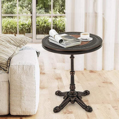 HAPPYGRILL 24” Patio Side Table, Outdoor Cast Aluminum End Table w/Painted Tabletop & Cross-Shaped Base, Mid Century Coffee Table Decorative Accent Table for Living Room Backyard Garden