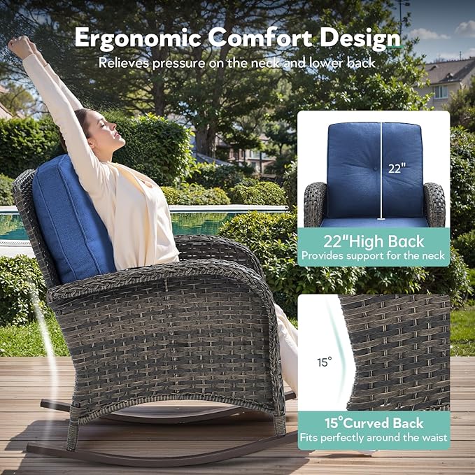 Patio Rocking Chair - 5 Peices Outdoor Wicker Rocker Porch Chair Set with Tempered Glass Side Table, and 2 Ottoman, Rattan Seating for Balcony Garden Brown/Blue