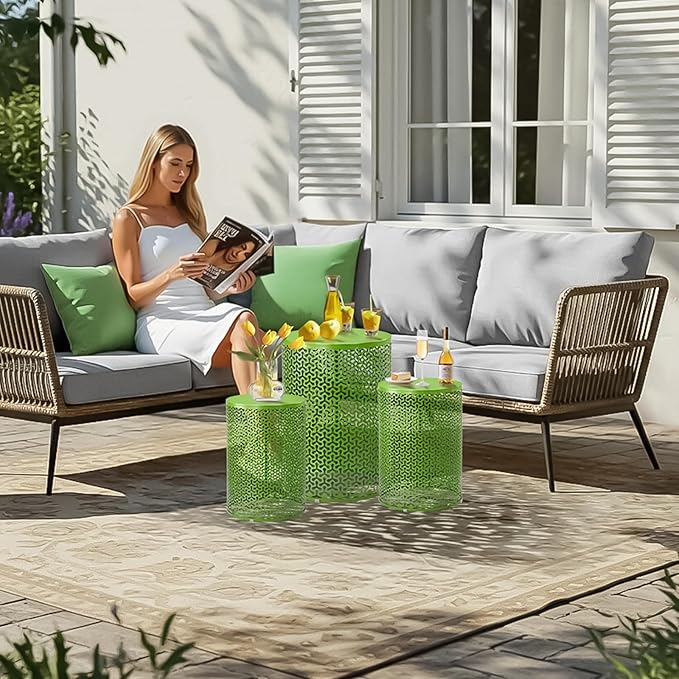 Outvita Outdoor Nesting Tables Set of 3, Heavy Duty Metal Frame Accent Modern End Table, Portable Side Table for Indoor, Outdoor, Living Room, Clover Pattern - Green