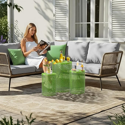 Outvita Outdoor Nesting Tables Set of 3, Heavy Duty Metal Frame Accent Modern End Table, Portable Side Table for Indoor, Outdoor, Living Room, Clover Pattern - Green