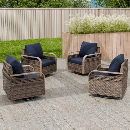 EAGLE PEAK Modern Wicker Outdoor Glider Rocking Chair, Swivel Rocker, Rattan Patio Furniture for Yard Deck Porch Garden, 4 Chairs, Brown/Blue