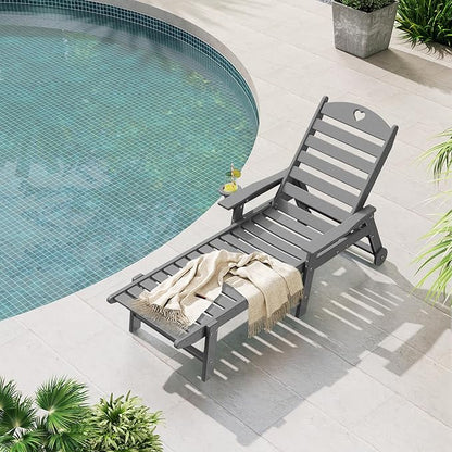 Aokia Pool Lounge Chairs,Chaise Lounge Chair Outdoor with Wheels & Cupholder | Oversize HDPE 6-Position Outdoor Chairs for Patio, Lawn, Garden, Poolside (Grey)