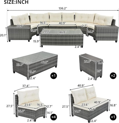 Quarte 8-Pieces Outdoor Wicker Round Sofa Set,All Weather PE Rattan Half-Moon Sectional Sets with Rectangular Coffee Table,Curved Sofa Set for Garden, Deck
