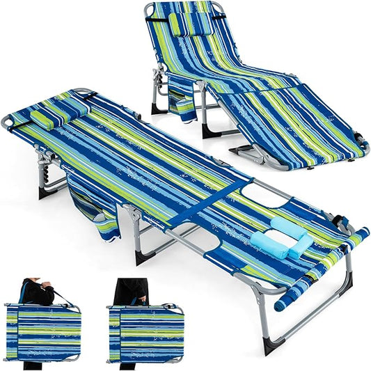 GYMAX Tanning Chair, 330LBS Beach Lounge w/Face Arm Hole & Hand Shoulder Strap, Folding Layout Sunbathing Chair, Face Down Outdoor Chaise Lounger for Patio, Poolside, Backyard (1, Blue Stripe)