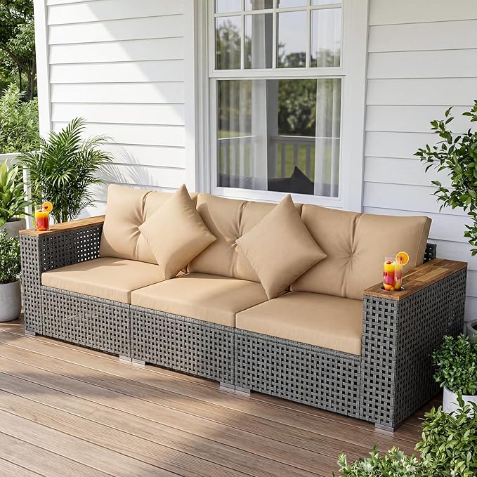 Tangkula 86.5" Large 3-Seat Patio Wicker Sofa, 3 Pieces PE Rattan Sectional Furniture Set with Cup Holder & Wood Armrest - Photo 2