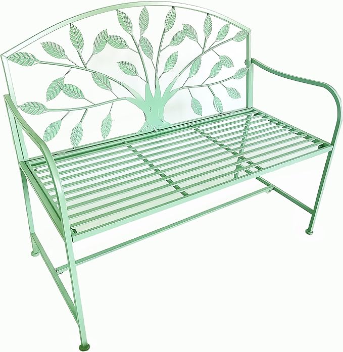 Hi-Line Gift Ltd. 42in Blue Metal Garden Bench Tree Pattern Patio Yard Seat