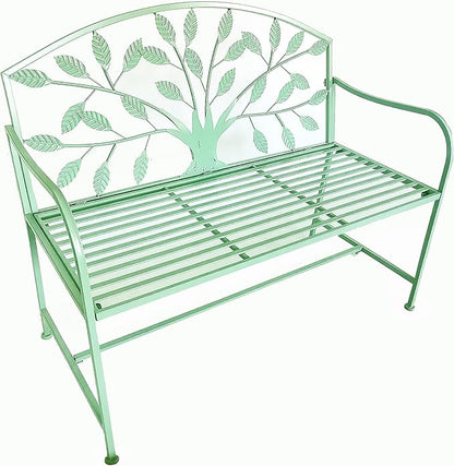 Hi-Line Gift Ltd. 42in Blue Metal Garden Bench Tree Pattern Patio Yard Seat