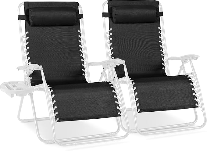 Best Choice Products Set of 2 Extra Wide Adjustable Steel Mesh Zero Gravity Lounge Chair Recliners w/Pillows and Cup Holder Trays - Black/White