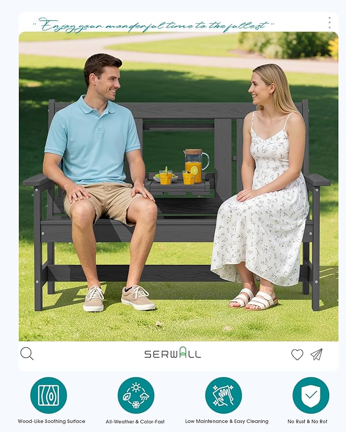 SERWALL Outdoor Bench with Cup Holder, 58" HDPE Garden Park Bench Suitable for 3 Person - Photo 9