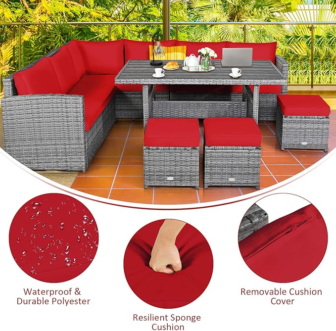 COSTWAY 7 PCS Wicker Outdoor Conversation Set, Patio Sectional Furniture Sofa Set with Table & Seat Cushions, Rattan Furniture Sets for Backyard Garden Poolside Porch, Red