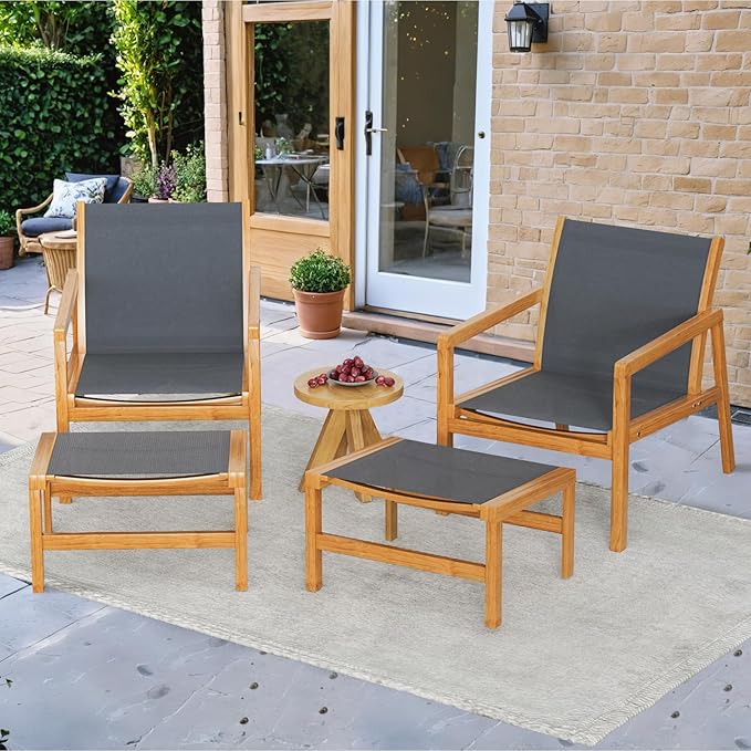 Greesum 4 Piece Furniture Outdoor Acacia Wood Chair with Ottoman for Porch, Balcony, Deck, Patio, Backyard, Gray - Photo 3