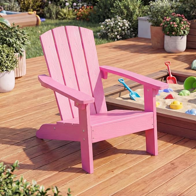 KOTEK Kids Adirondack Chair, Plastic Toddler Lawn Chair with Ergonomic Seat, Wood-Grain Texture, Easy to Assemble, All-Weather Outdoor Kids Chairs for Patio, Garden, Backyard (Pink)