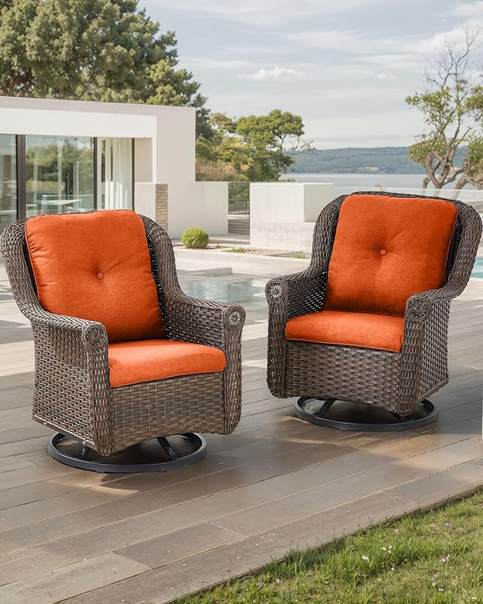 Patio Chairs Outdoor Swivel Glider - Set of 2 High Back Outside Brown Wicker Rattan Rocking Chair with Zippered Cushion - Photo 2