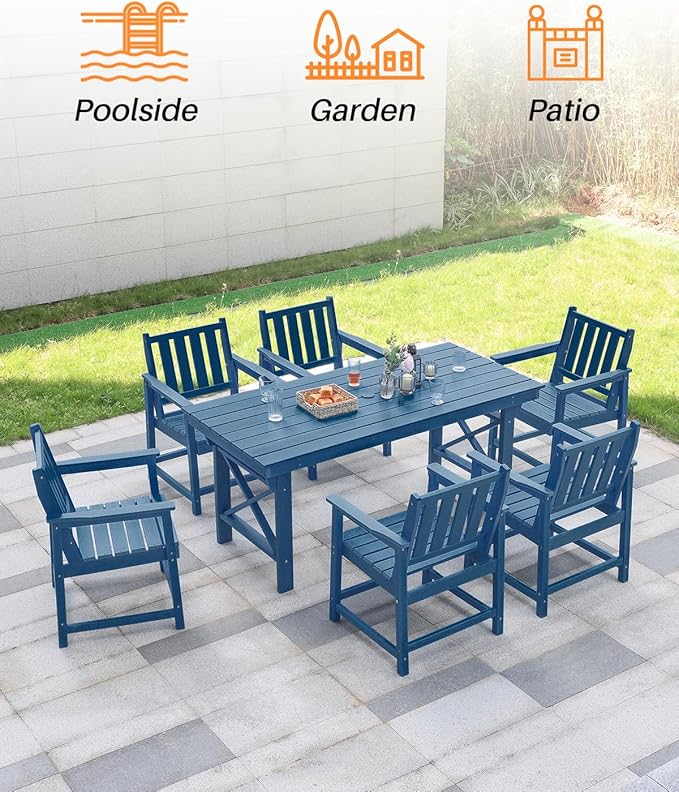 5 Pieces HDPE Patio Dining Set, Outdoor Table and Chairs with Umbrella Hole, Modern Outdoor Dining Set for 4, HDPE Outdoor Patio Furniture Dining Sets for Deck, Poolside, Porch, Navy