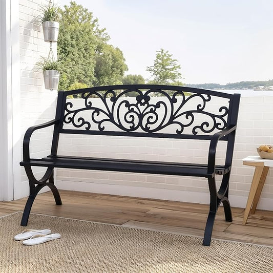 Outdoor Bench Patio Garden 50 Inches Metal Porch Furniture Loveseat, Front Porch Bench with Armrests Patterned Backrest Slatted Seat for Park, Porch, Yard, Lawn, Balcony, Black