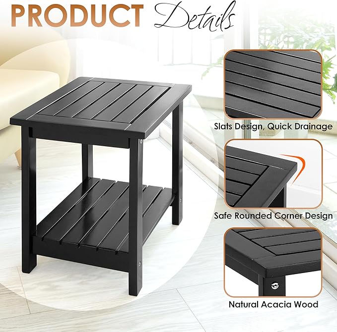2-Tier Adirondack Outdoor Side Table, 16.6" Acacia Weather-Resistant End Table with Shelf for Patio, Garden, Lawn, Living Room (Black)