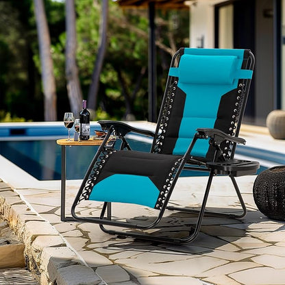 MFSTUDIO Padded Zero Gravity Chair Set of 2, Folding Patio Lounge Recliner with Adjustable Pillows & Cup Holder for Poolside Backyard, Support 400lbs(Pacific Blue)