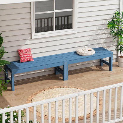 SERWALL 47 Inches Outdoor Bench Set of 2, All Weather HDPE Backless Bench with Wood Grain Texture for Garden Porch and Park, Curved Bench Seat for Comfort, Blue