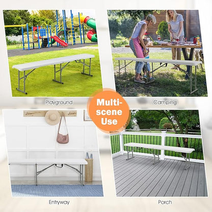 S AFSTAR 2PCS Plastic Folding Bench, 6FT Outdoor Camping Picnic Benches with Handle and Lock, 550 LBS Load, 8-Person Lightweight & Portable Benches for Outside Indoor, No Assembly Required, White