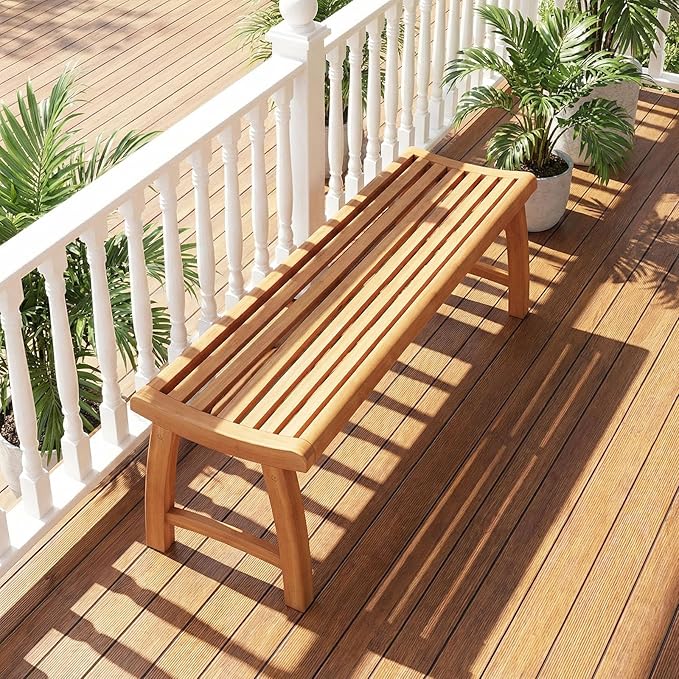 Tangkula Teak Wood Outdoor Bench, 2-Person Patio Backless Garden Dining Bench with Contoured Slatted Seat, 800 lbs Capacity, Outside Seating Furniture for Porch, Balcony, Deck & Yard (Natural)