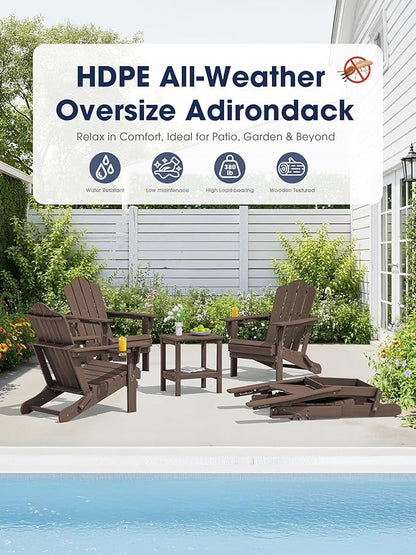 KINGYES Adjustable Folding Adirondack Chair Set of 4, 3-Position Reclining Adirondack Chairs with Cup Holder, HDPE All-Weather Oversized Adirondack for Outdoor, Patio, Backyard Deck, Fire Pit, Brown