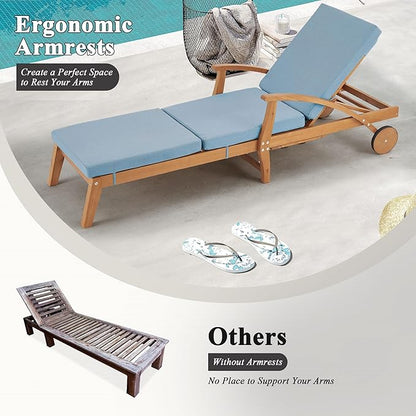 HOMREST Wood Chaise Lounge Recliner, 83x23in Patio Chaise Lounger Recliner with Slide-Out Side Table & Cup Holder, Foam-Padded Cushion, Adjustable Backrest, Wheels(Blue)