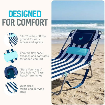 Ostrich the Ladies Comfort Lounger with Chest Support, Foldable & Portable Reclining Outdoor Patio Beach Lawn Camping Pool Tanning Chair, Blue Stripe