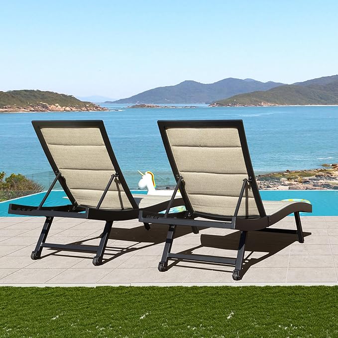 Domi Outdoor Chaise Lounge Set of 2, Aluminum Patio Lounge Chairs with Wheels, Pool Lounge Chair Oversized Lounger for Patio Pool Beach Sunbathing, Beige
