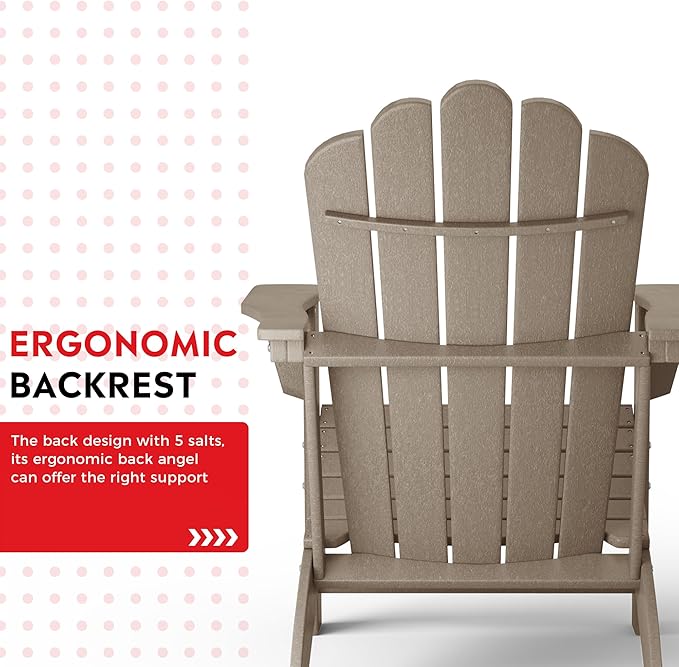 Costaelm Lakeview Outdoor Patio HDPE Adirondack Chair with Cup Holder and Table Set, Weathered Wood