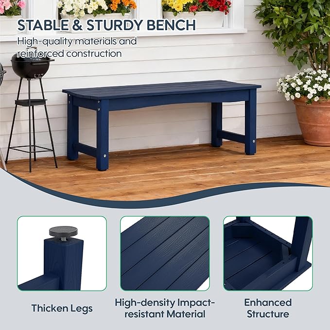 Weatherproof HIPS Outdoor Bench, 2-Person Patio Dining Bench, All-Weather Poly Lumber Garden Bench, Never Rot or Fade, Park Bench with Wood Grains for Porch, Deck, Entryway, DarkBlue, 2 Pack