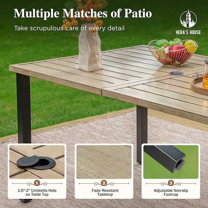 HERA'S HOUSE Outdoor Dining Table for 6, Rectangular Metal Patio Table with Umbrella Hole - Photo 4