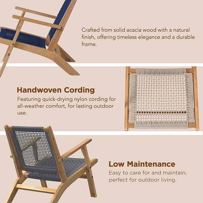 Balkene Home 62773 Vega Natural Stain Outdoor Chair Acacia Wood Construction Hand Woven Seat Mid Century Design Comfortable Reclining Armchair Patio Lawn Garden Backyard Deck - Ecru Cording