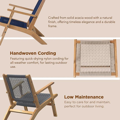 Balkene Home 62773 Vega Natural Stain Outdoor Chair Acacia Wood Construction Hand Woven Seat Mid Century Design Comfortable Reclining Armchair Patio Lawn Garden Backyard Deck - Ecru Cording