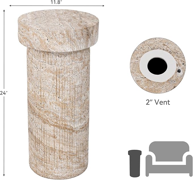 Side Table, 24" Pedestal End Table, 3-in-1 Durable Lightweight Round Coffee Table, Decorative Patio Accent Table Fluted Garden Stool Art Decor for Poolside, Balcony, Living Room, Beige