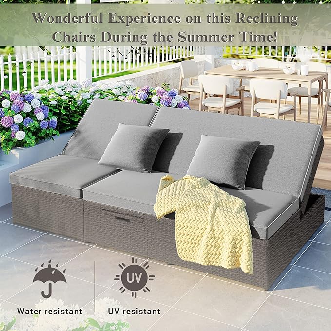 Patio Rattan Sunbed, All Weather Outdoor Wicker Double Daybed with Adjustable Backrest and Cup Tray - Photo 6