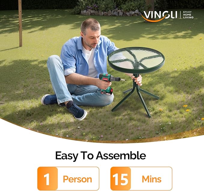 VINGLI Outdoor Side Table, 18" Patio Table Steel Frame Tempered Glass Top - Photo 7