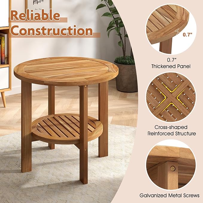 Tangkula Outdoor Round Side Table, 19.5 Inches Teak Wood Patio Table with Slatted Tabletop & Storage Shelf, 2-Tier Heavy Duty Small End Table for Backyard, Porch, Deck, Yard, Garden, Natural