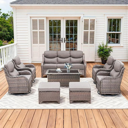 Luxury High Back Patio Furniture Set with 6-Inch Thick Cushions, 8-Pieces Outdoor Furniture with Swivel Chairs, Wicker Conversation Set for Porch, Balcony, Deck and Yard, Brown/Grey